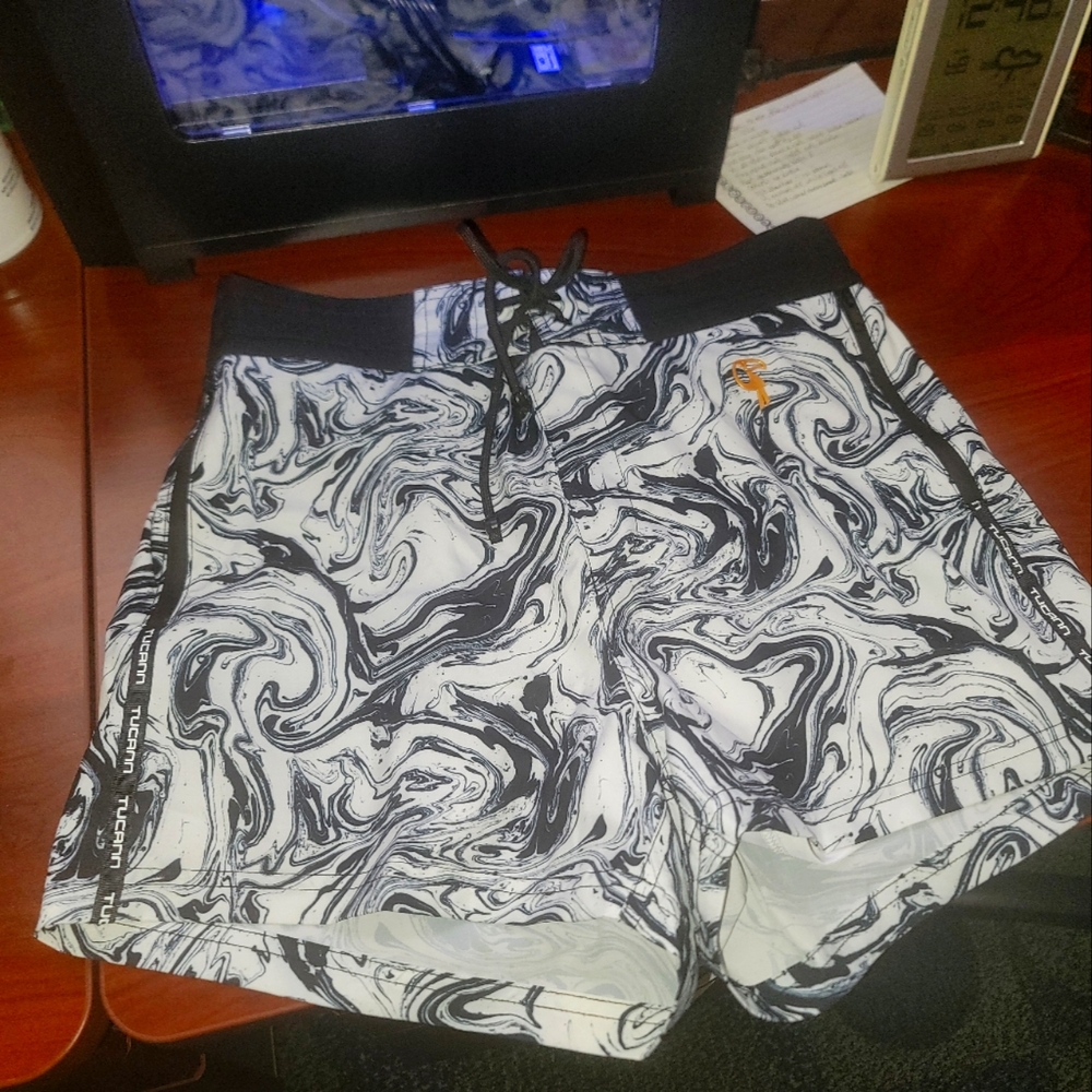 Tucann Men's Black and White Swim Shorts With Built In Liner